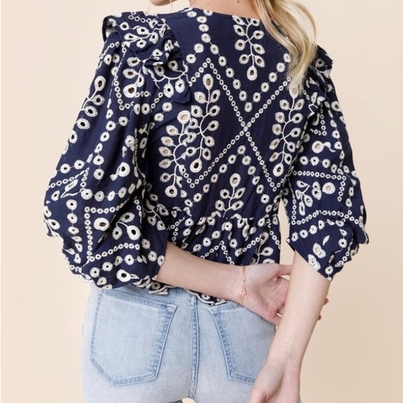 NWT Francesca’s Blue Tanya Eyelet Ruffle Blouse - Picture 2 of 10